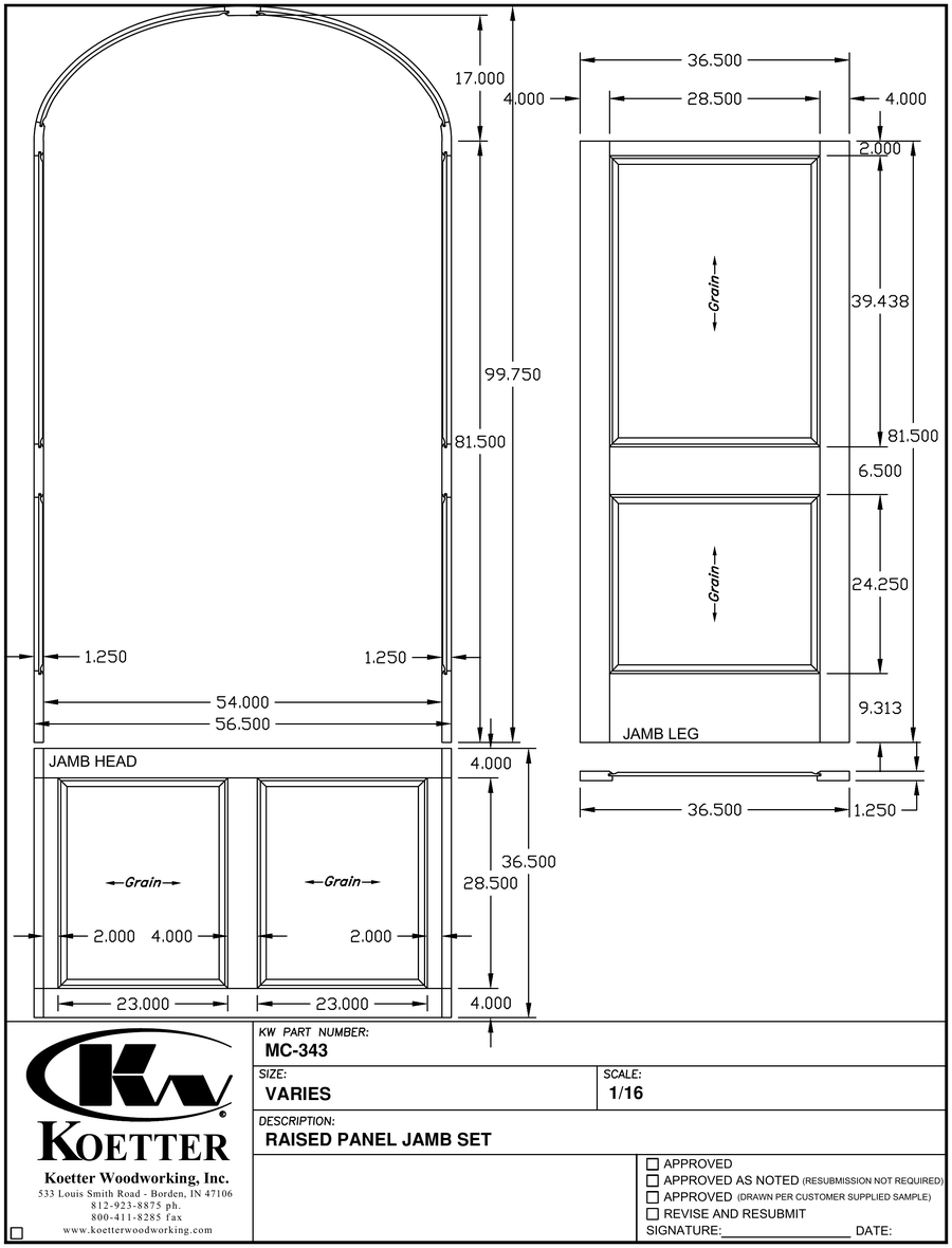 Koetter Woodworking MC-343 shop drawing — raised panel jamb set for the arched foyer-to-kitchen opening