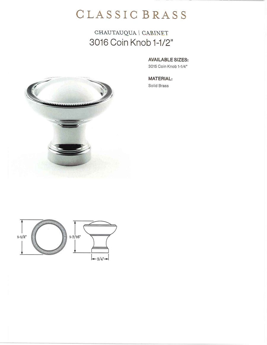 Classic Brass Chautauqua coin knob, polished nickel