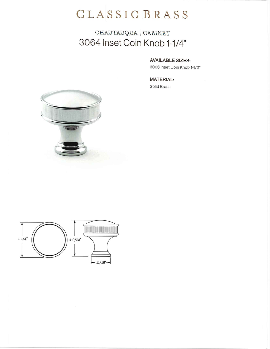 Classic Brass 3064 inset coin knob, polished nickel