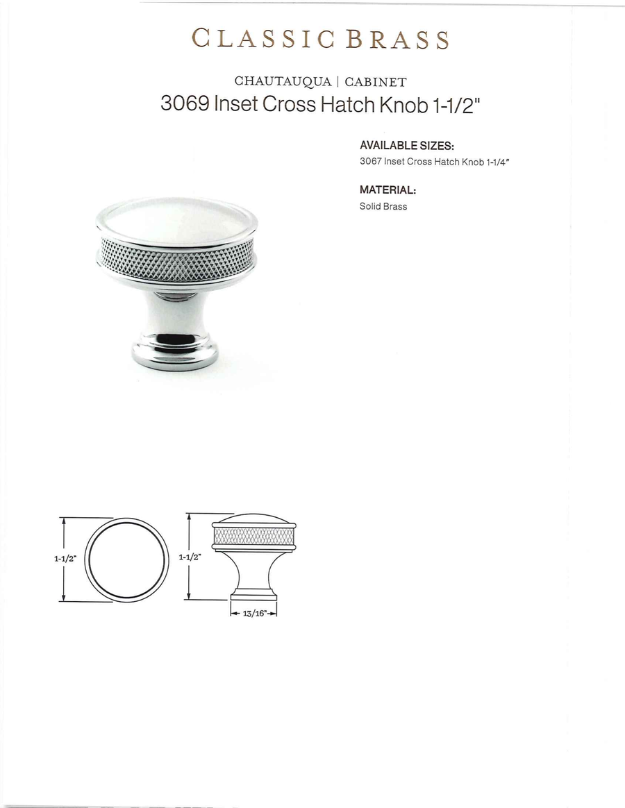 Classic Brass Chautauqua 3069 cross hatch knob (shown in polished chrome; ordered in Tarnished Lacquered)