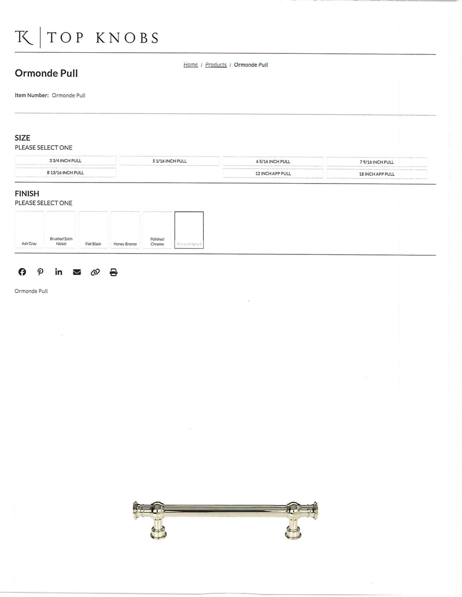 Top Knobs Ormonde pull, polished nickel