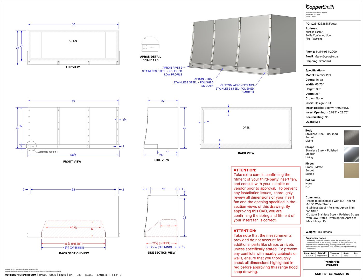 Coppersmith Premier PR1 custom range hood approved shop drawing, front/top/side views and apron detail