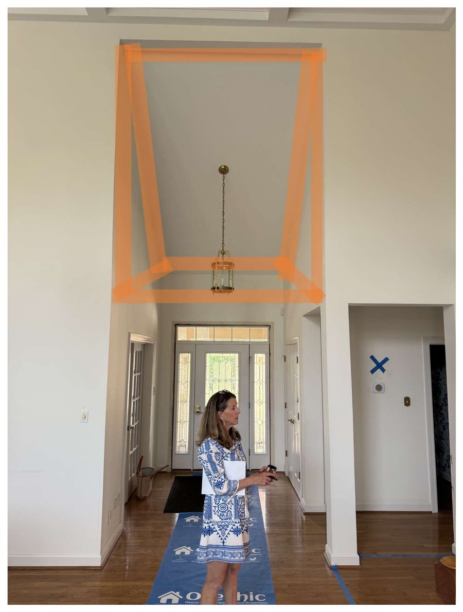 Entryway ceiling with 8-inch box beam layout marked in orange over an on-site photo, pendant light at center
