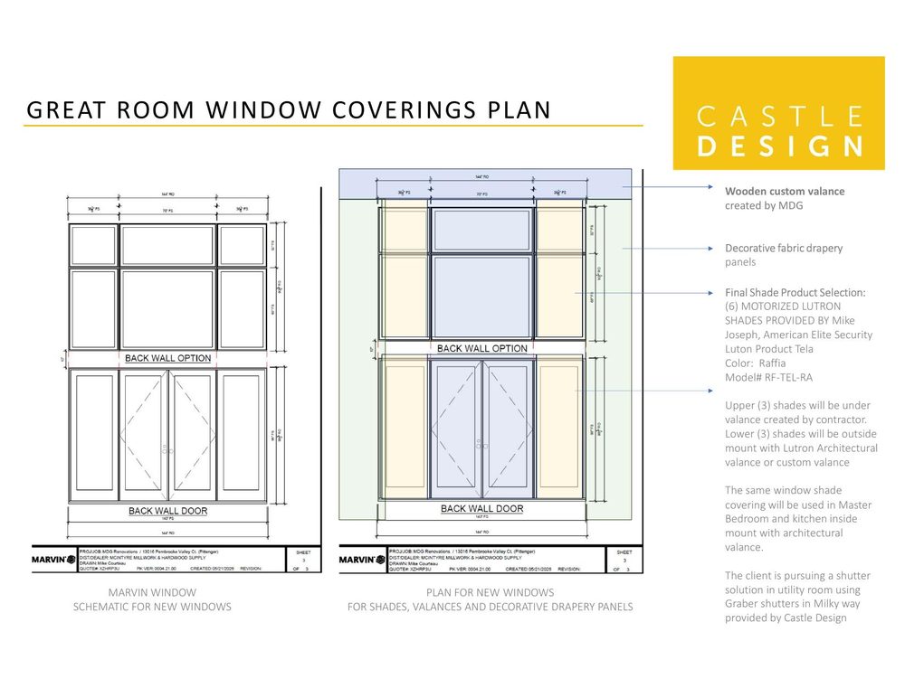 Great Room window coverings plan showing shade, valance and drapery layout